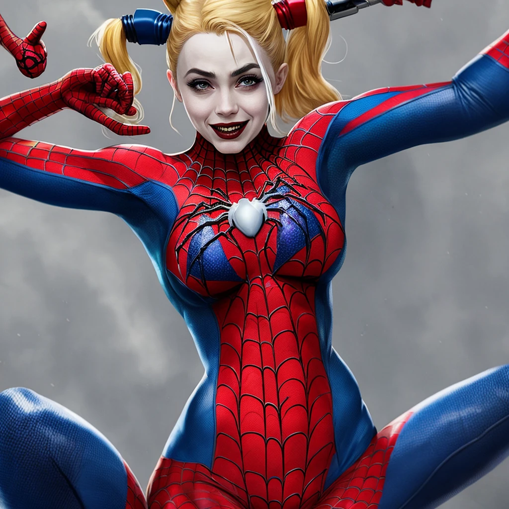 Harley quinn dando de mamar para o spider man em uma rede de aranha boobs enormes seios extravagante grandes