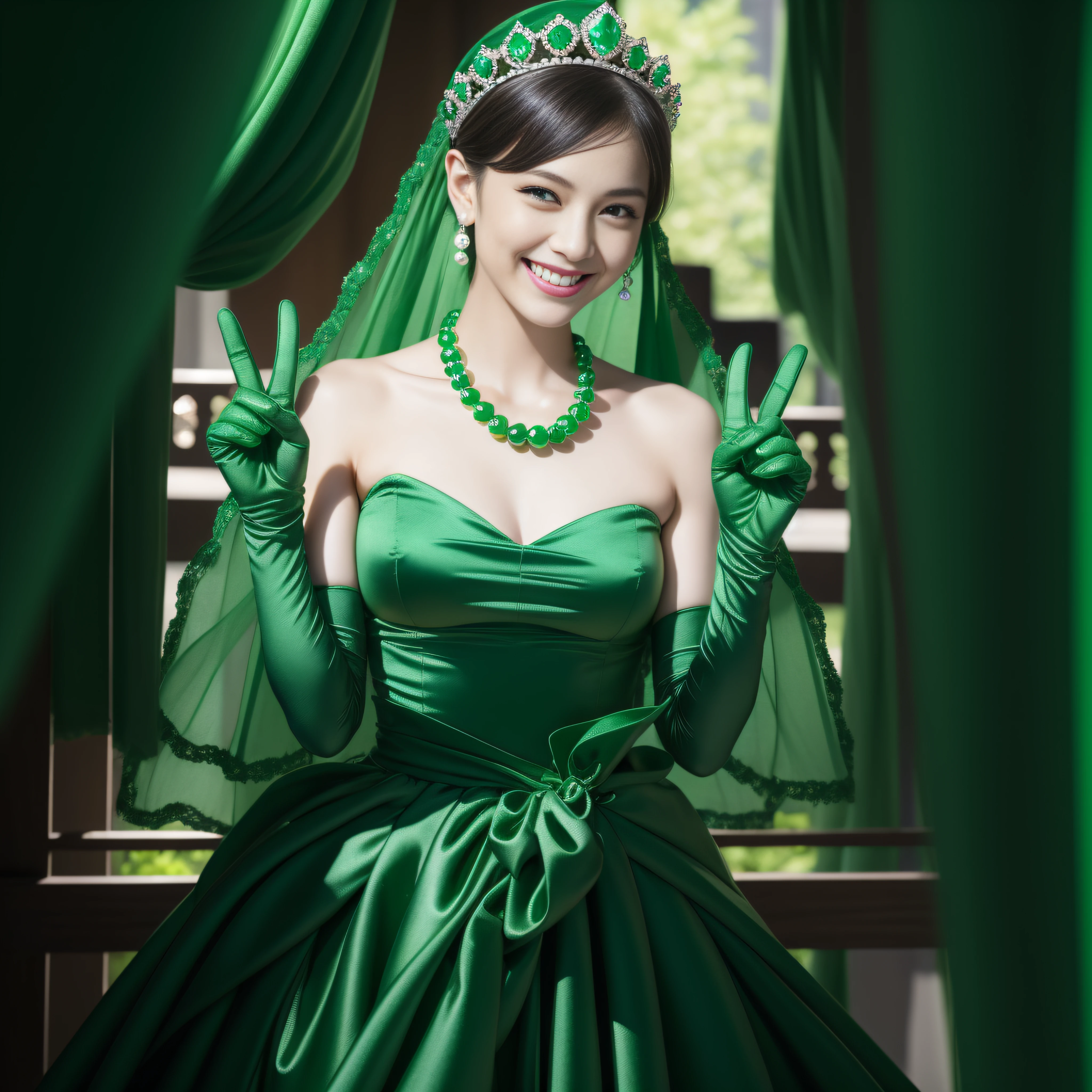 emerald tiara, Green Pearl Necklace, Boyish very short green hair, lipsticks, Japan woman smiling, very short short hair, big breasts beautiful, Green eyes, Long green gloves made of satin material, Green eyes, v sign,V-sign with both hands, Emerald Earrings, Green hair