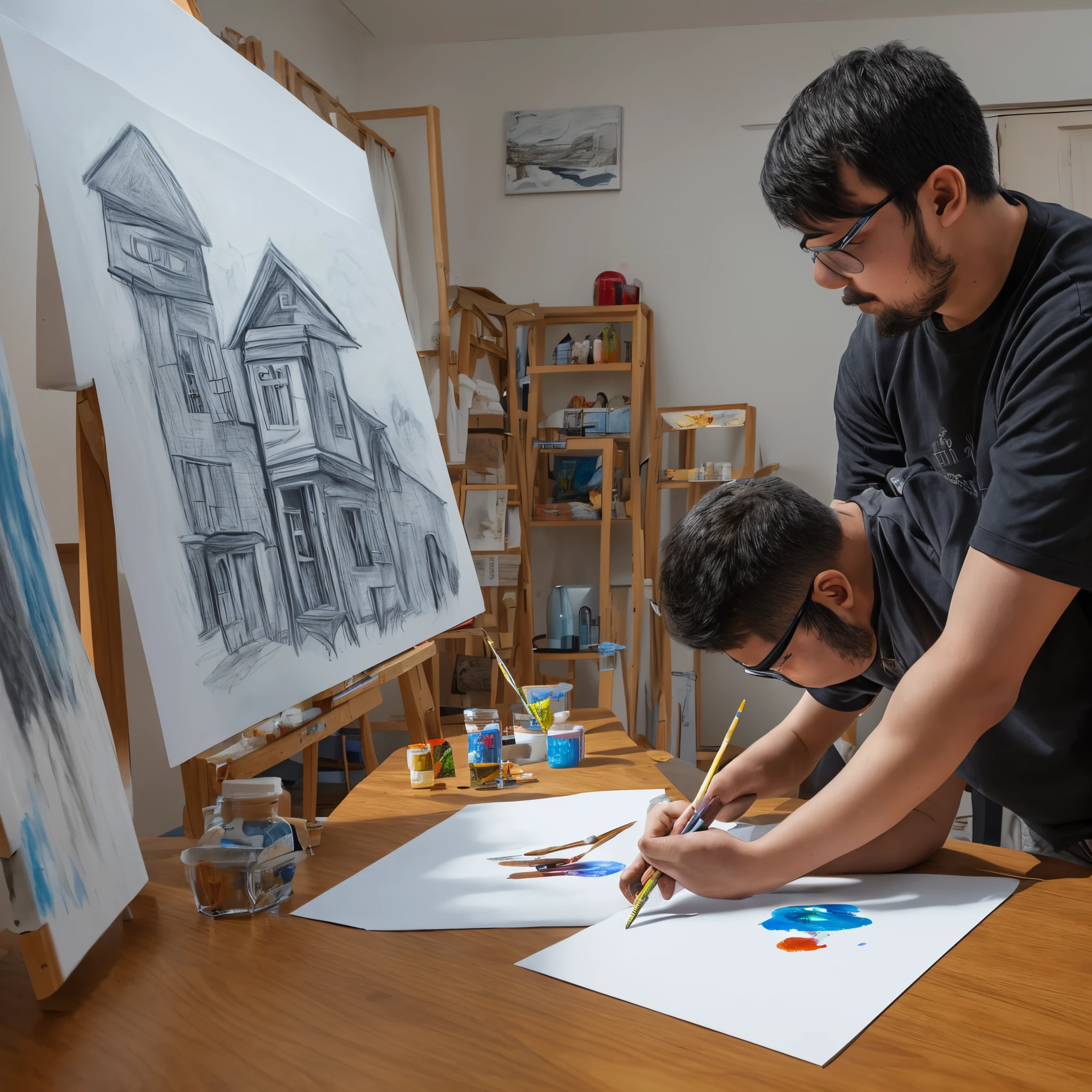Draw a picture of a blind guy painting a house