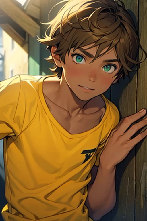 A boy, slightly tanned skin, slightly messy light brown hair, green eyes, yellow shirt, black cause