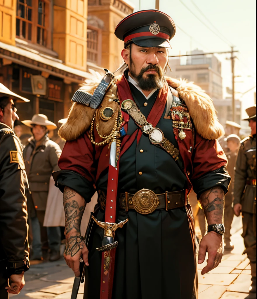 a central Asian warlord. Sword in hand. with a cooler on top
