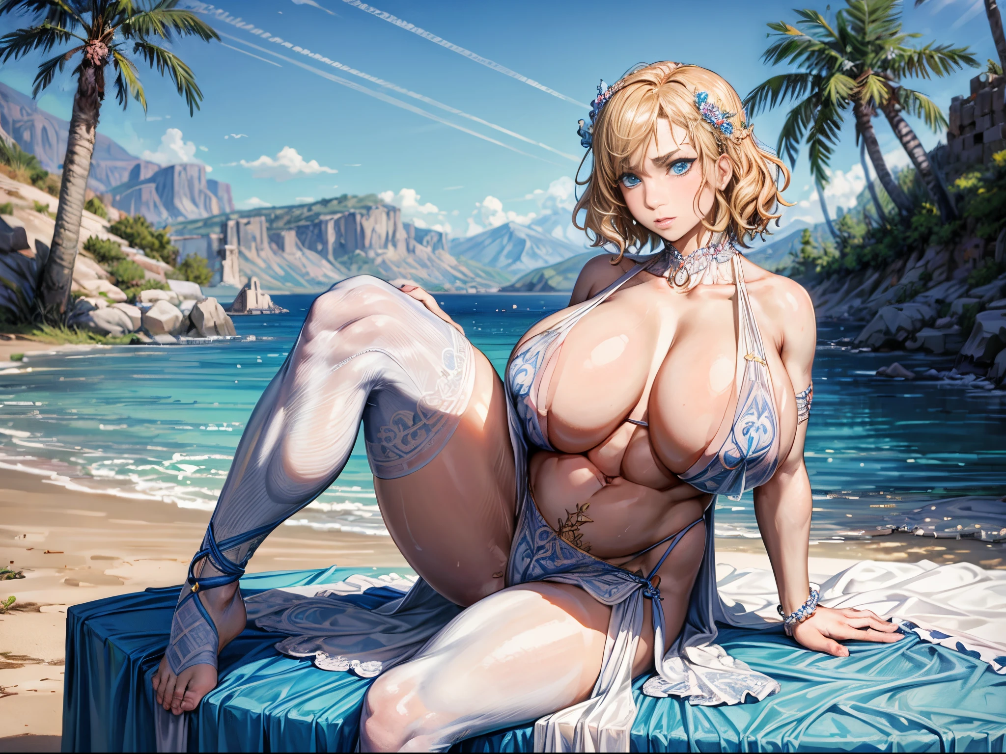 Greek goddess Aphrodite, serious and sexy face, has a face of supernatural beauty and short curly blonde hair decorated with flowers, as well as blue eyes. (perfect anatomy) , (perfect eyes) Her figure is extremely voluptuous, Gigantic breasts, Heavy breasts, Hip fitness, Cracked abdominal muscle, White silk dress, big abs muscle, she sits on her great throne of Greek marble, work of art.