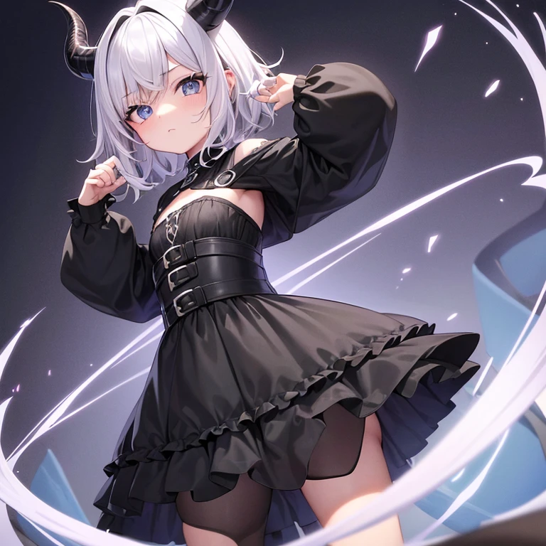 (melhor qualidade: 1.0), (super high res: 1.0), 1girl, personagem extremamente detalhado, detailed hands, Half-dragon girl, chifres, Dragon horns, Girl with black dragon tail, Black dragon tail, Cabelo extremamente detalhado, cabelo curto, ((short hair)), ((cabelos brancos)), ((Dicas de cor preta)), olhos extremamente detalhados, olho com cores diferentes, Heterocromia, Olho direito de cor branca, Olho esquerdo de cor preta, dragon eyes, 2D, Arte de Anime, ((barnet)), ((corpo inteiro)), standing on her feet, medieval, RPG, pequena, baixa, (Altura Pequena), peitos pequenos, (adolescente), olhar morto, grim expression, preocupado, look of tiredness, camisa de manga comprida, Black jacket, brincos de estrela + Branco, vestido medieval + preto, pantyhose + black + white, salto alto