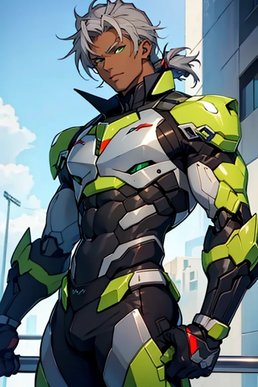 man, dark skin, green eyes, gray hair, chest window sexy mecha outfit, abs