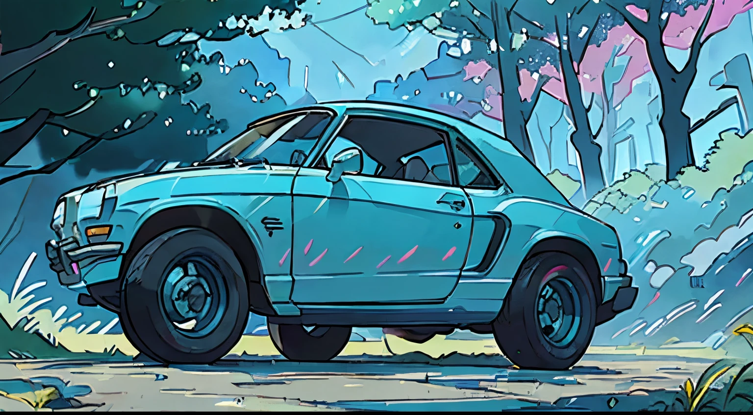 Bolides, beautiful scenery outside, Detailed reflections of car surfaces, High quality and detailed painting, Vibrant colors, Natural lighting
