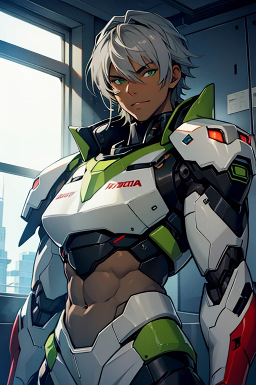 man, dark skin, green eyes, gray hair, boob window, sexy mecha outfit, abs