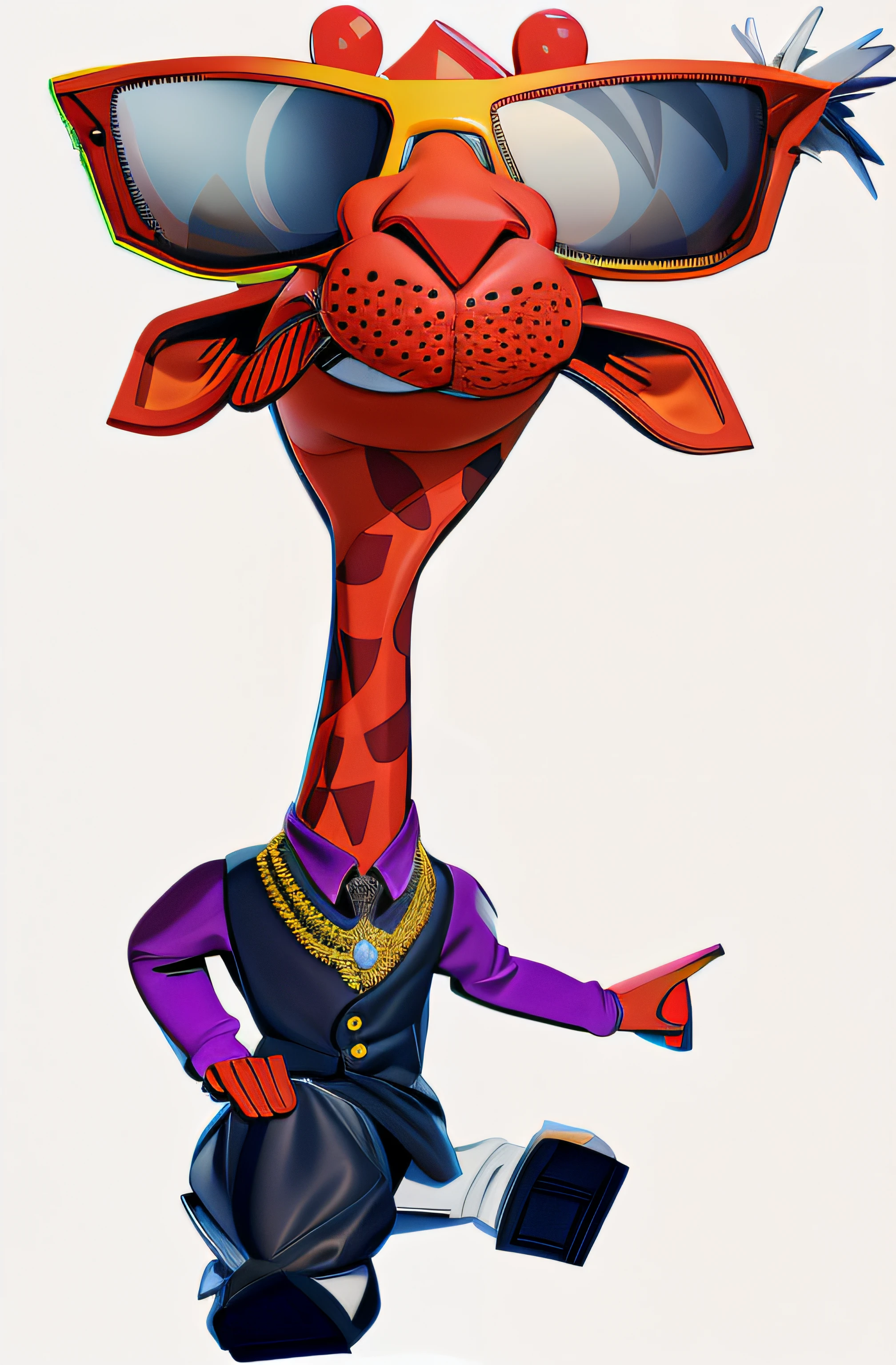 cartoon giraffe with sunglasses, hat and tie, long neck, NO long neck, very long neck, long necks, Lowres, alto, Caractere mesclado, imagem dos desenhos animados, Arte Oficial, mascote de corpo inteiro, his trunk is a long tentacle, he has an elongated head shape, villain pose, !!!Anthropomorphic!!!Usa colete preto.grey pants.Sapatos brancos com bico branco.stigo gagster dollar sign necklace.estilo gangster.boca fechada.Lingua para fora no canto esquerdo.descolado.estilo Pixar 3D. modelo em 3D.modelo em 3D .extremamente detalhista.Extremamente Detalhada.Rounded feet .Shoes on the feet should not be deformed.Usar formas reais.