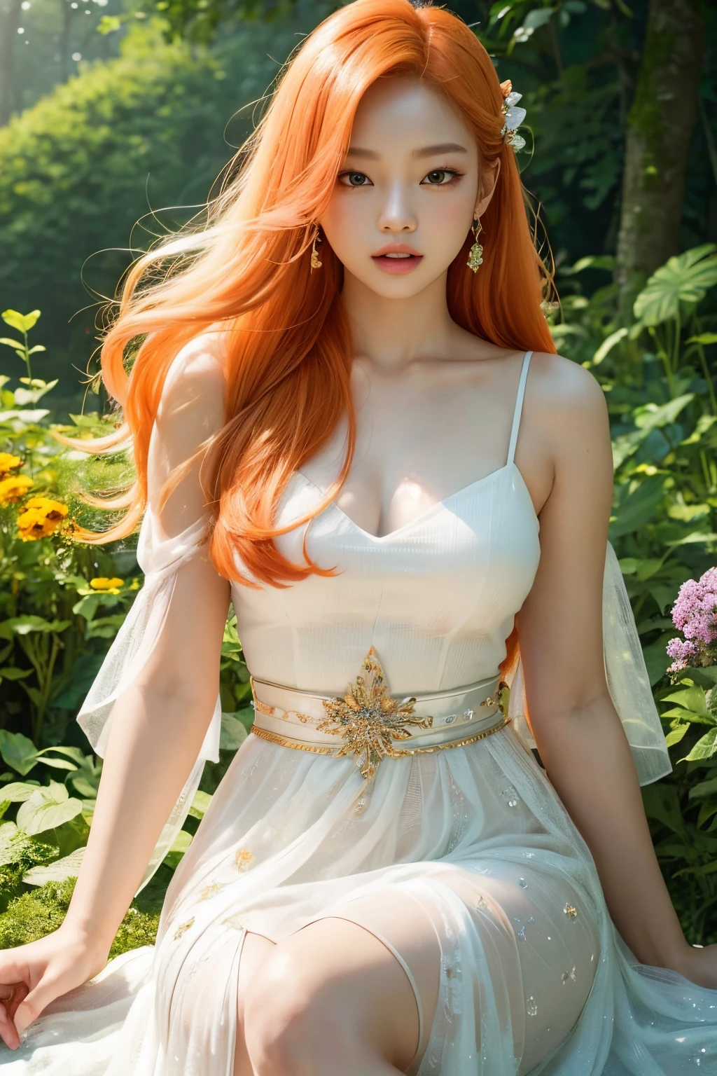 beautiful woman, blackpink Jennie, extremely straight orange hair, high quality, beautiful details, beautiful South Korean woman, rich details in a green forest, surrounded by beautiful flowers, beautiful lighting, high resolution, wearing a white dress, magical fairy, 8k image