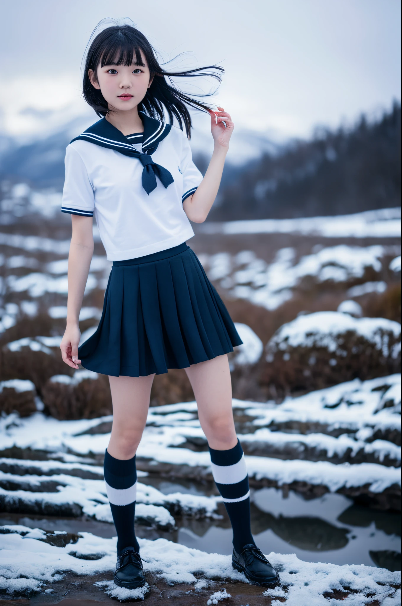 (in 8K、RAW Photos、top-quality、masterpiece:1.2), (realisitic、Photorealsitic:1.37), ultra-detailliert, high resolution, 1girl in, a closeup, Raw feet, A dark-haired, black eyes, japanese, color contact lens, (beautiful legs:1.3), (slender girl:1.4), a beauty girl, (Thin legs:1.3), a sailor suit, , high-school girl, JK, Ultra mini skirt, Dark blue pleated skirt, Short socks, Tri-fold socks, white sock, (short sleeves:1.3), (black loafers shoes:1.3), Full body, (standing:1.2), (heavy snowing:1.1), (deep snow:1.1),(dark_skin:1.3),(tanned_skin:1.3)