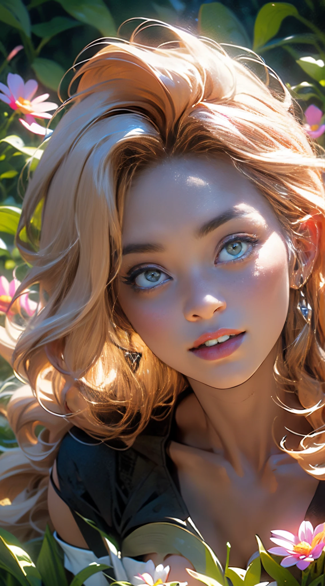 NSFW melancholy lighting, quiet, calm, brightness, masterpiece, best quality, 1girl, (JinxLol:1.2), (ultra photorealistic:1.3), (masterpiece:1.4), best quality, ((realistic)), high quality, ultra detailed, ((Real image)), ((realistic skin)), ((realistic face)),(illustration:1.05), (beautiful:1.05), (beautiful detailed eyes:1.05), (cinematic light:1.1), Full body, precise proportions, 28-year-old girl, (loose top with cleavage and a nipple slightly showing:1.4), (nipples:1.3), (show downblouse:1.5), skinny model lying on the grass, surrounding garden, tree shadow, GINGER BLONDIE hair fluttering in the wind, FLIN DRESS, long legs, feet slightly open, buttocks, blush, shyness, collarbone, abdominals, double weave, beautiful and delicate face, fair skin, real skin, (face detail), pores, super high resolution, 8k, parameters Best quality, masterpiece, super high resolution, (Realistic 2.0), More details, detailed skin, wide smile, white teeth, voluminous GINGER BLONDIE hair, perfect and well designed eyes, girlfriend, beautiful, beautiful, flowers, studio lighting