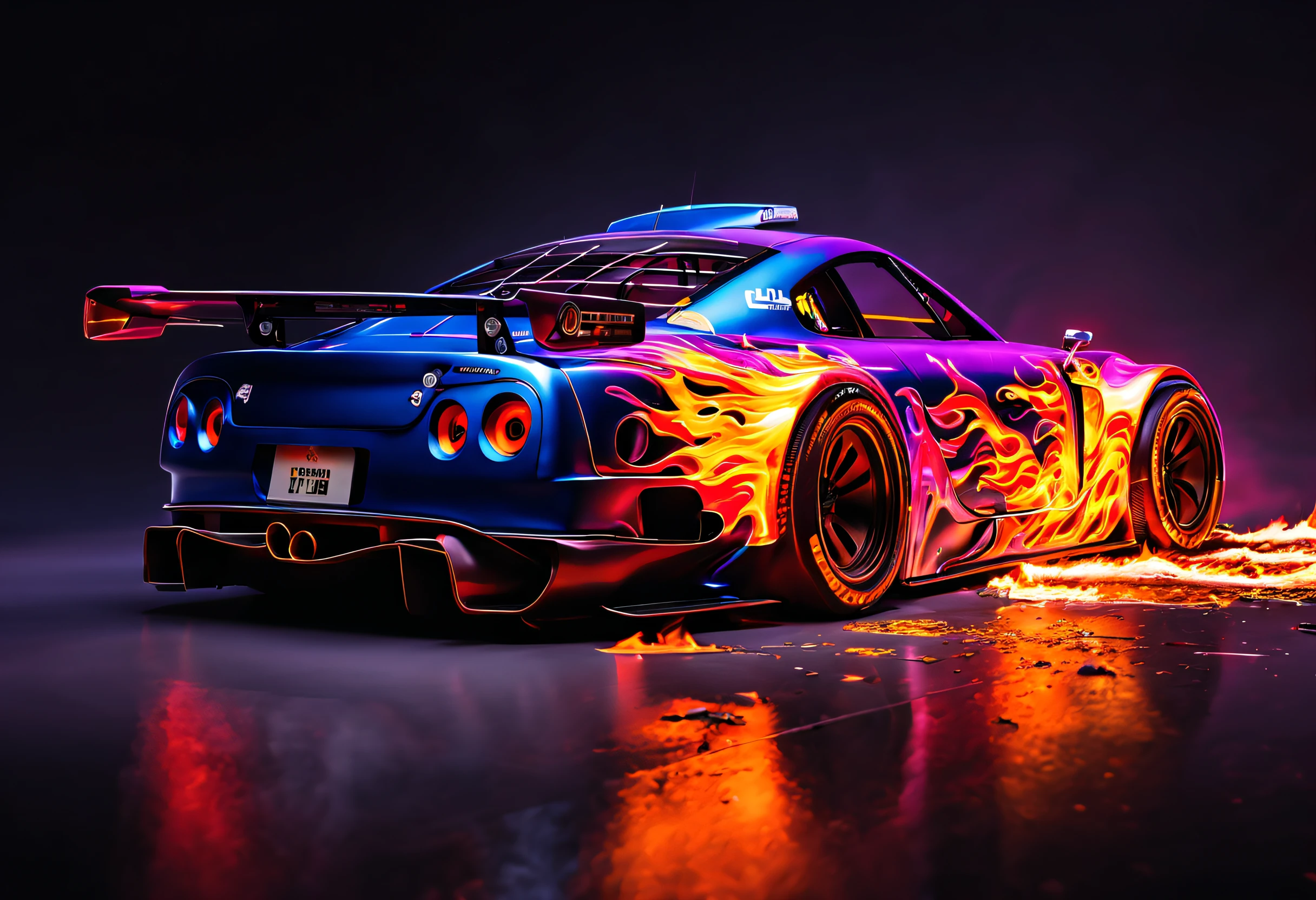 a (((hyper-realistic))), (((32k UHD masterpiece in the style of a cinematic art piece))). The focal point is a futuristic "race car GTR 2000" shown at a dynamic angle, engulfed in flames. The level of (detail is extraordinary), capturing the intricacies of the car's rear with bold textures and vibrant, contrasting colors. Predominantly blue and red hues dominate the composition, emphasizing the blazing car as the centerpiece. The fire is depicted with a mix of grays and purples, creating a dramatic and intense atmosphere. The smoke billows in all directions, adding a surreal element to the scene. The image, with an aspect ratio of 16:9, fills the screen, immersing the viewer in the cinematic experience. This hyper-realistic artwork draws inspiration from artists like Jackson Pollock, known for his dynamic "action painting" technique, and Salvador Dali, with his dreamlike, surreal images. The overall composition explores themes of speed, action, and transformation. The addition of film grain, sharp details, and a ((raw style reminiscent of Fujifilm XT3 35mm f4)) contributes to the ((studio art)) feel, creating a visually stunning representation of a (burning racing car).