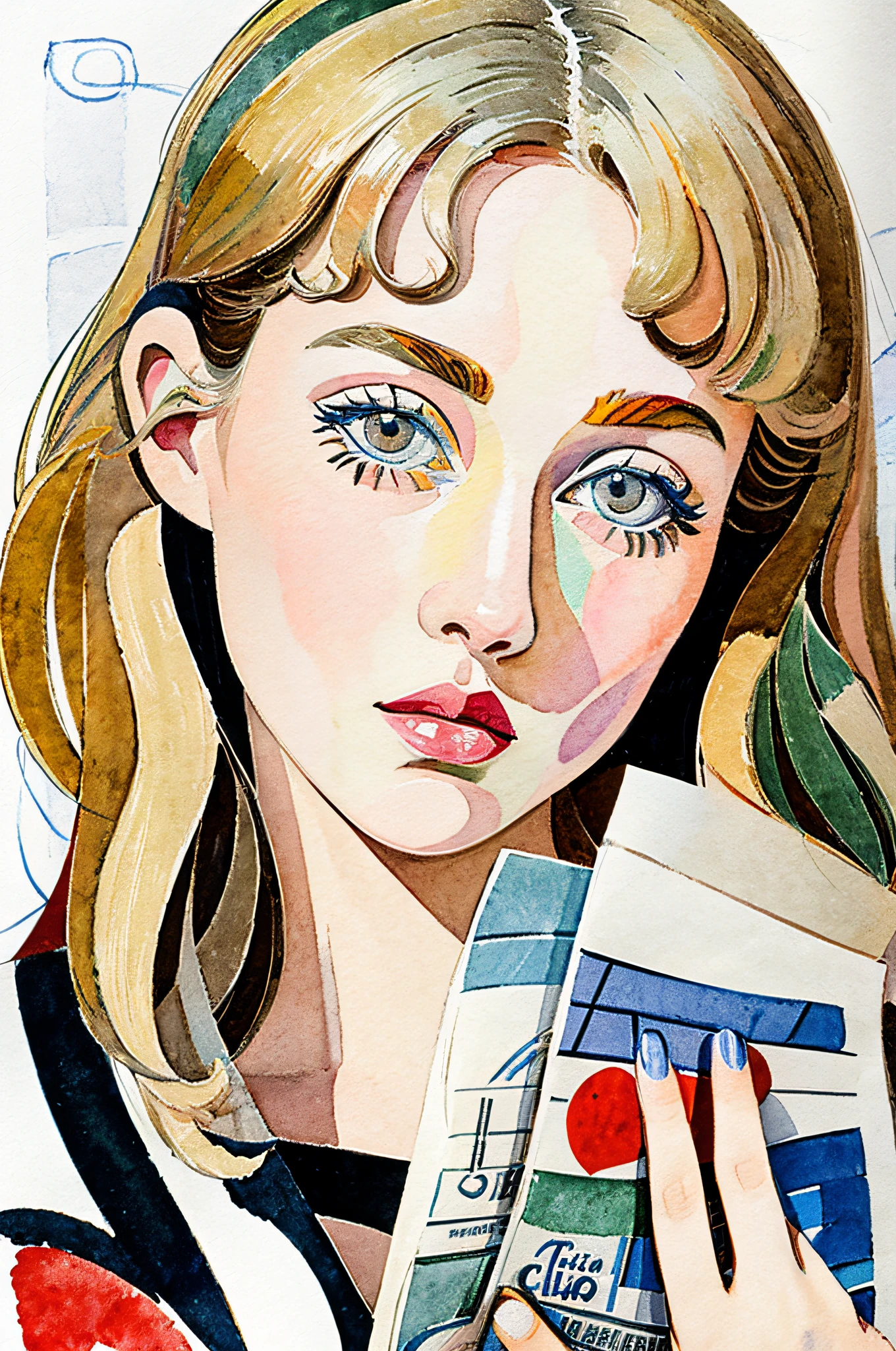 Sketched, watercolor paiting, Collage of Picasso and Robert Delaunay, cubism, Abstract, Cute daughter, big clear blue eyes, Little red cheeks, Blonde long-haired, Face-centric, Against the backdrop of newspapers and fashion magazines, Intricate Brushwork, high-level image quality, A breathtaking masterpiece