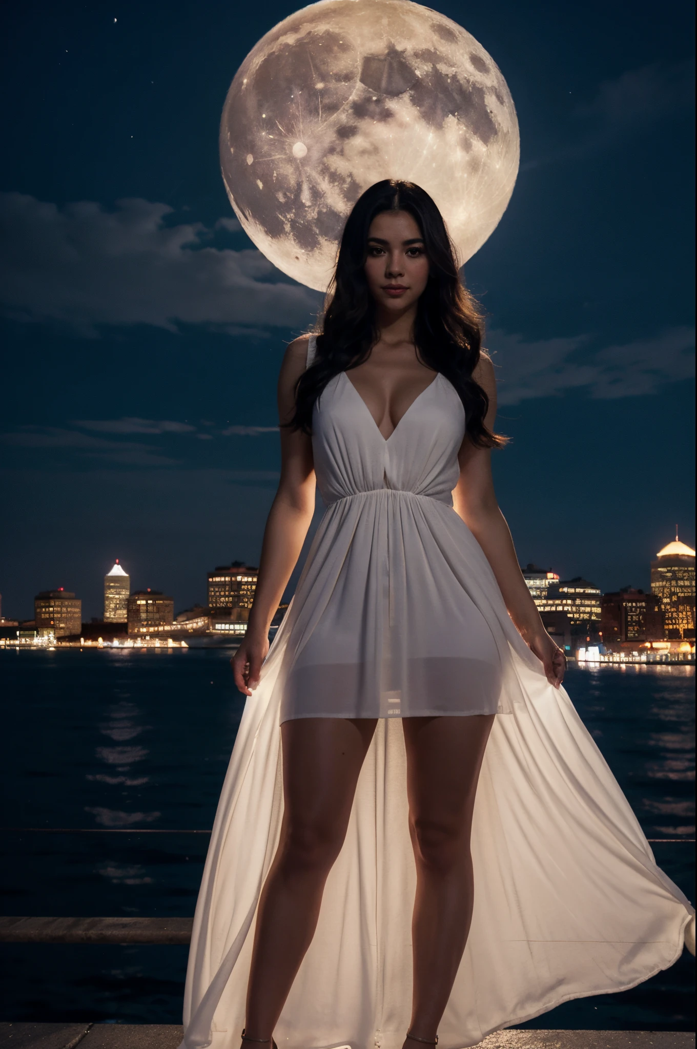 [[Lili.v2]], a woman, full moon, with a sky background and cityscapes, giant moon, cinematic, beautiful lady, 30 years old, Boston harbor, night panoramic shot, sexy long dress, semi-transparent dress, wind blowing the dress and her long hair.