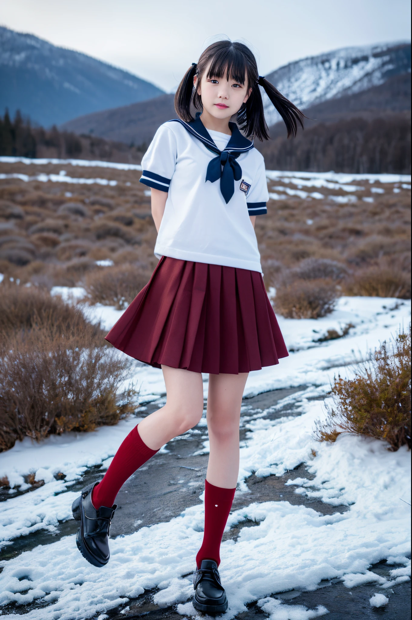 (photo_\\(medium\\):1.2), 1girl, (Photorealsitic:1.2), hyper realisitic, photorealisim, a closeup, Raw feet, A dark-haired, bob, bangss, black eyes, Looks cold, steampunc, a sailor suit, school uniform , hi-school girl, kawaii, goose bumps, ultra mini skirt, Dark blue pleated skirt, snowy mountain background, heavy snow, ultra cold, full body, scarred legs, freezing, depth of fields, 8K, VFX, HDR, RTX, dark red ribbon, Very slender girl, very short socks, white socks, very short sleeve, pretty, cute, Full of bruises, short sleeve in winter