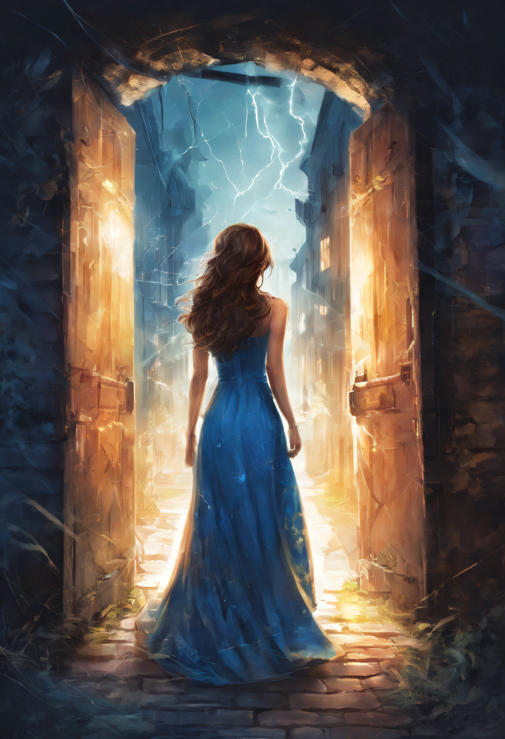 young female adult with long beautiful brown hair, she is wearing a nice blue summerdress when she finds a secret door in a small alleyway in the center of Berlin that leads into a new mystical world, where blue lightnings surrounds her like an auro