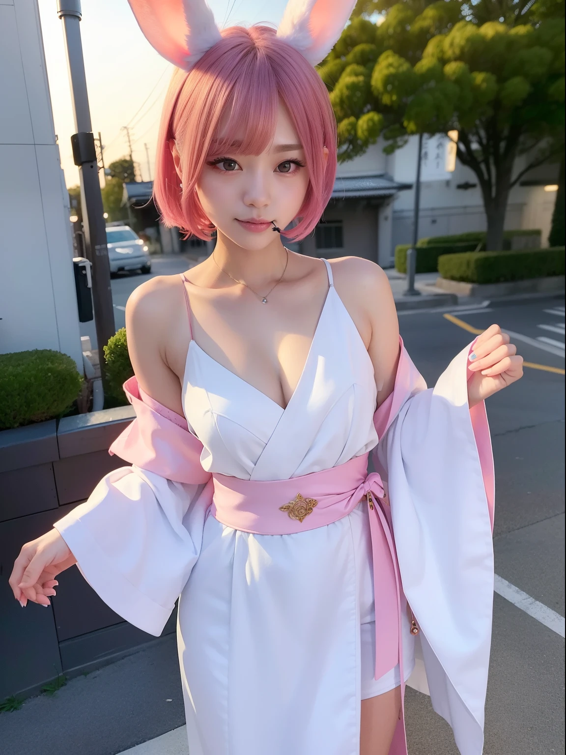 1girl in, 独奏, ichika nakano, Pink short hair, cleavage of the breast, thighs thighs thighs thighs, 校服, A smile