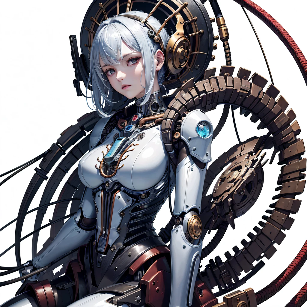 ((:1.1)), (tmasterpiece, top-quality, Best quality at best, offcial art, Beautiful and beautiful:1.2), (1个Giant Breast Girl:1.3), extremely detaile,Colorful,The most detailed ((ultra - detailed)), (Highly detailed CG illustration), ((Extremely Delicately Beautiful)),电影灯光,((1 mechanical girl)),Alone,full bodyesbian,(Machine made joints:1.2),(Mechanical limb),(The blood vessels are connected to the tube),(Mechanical vertebrae attach to the back),((The mechanical cervical vertebrae are attached to the neck)),(sitted),face expressionless,(wires and cables attaching to neck:1.2),(wires and cables on head:1.2),(Character focus),scientific fiction,white backgrounid
