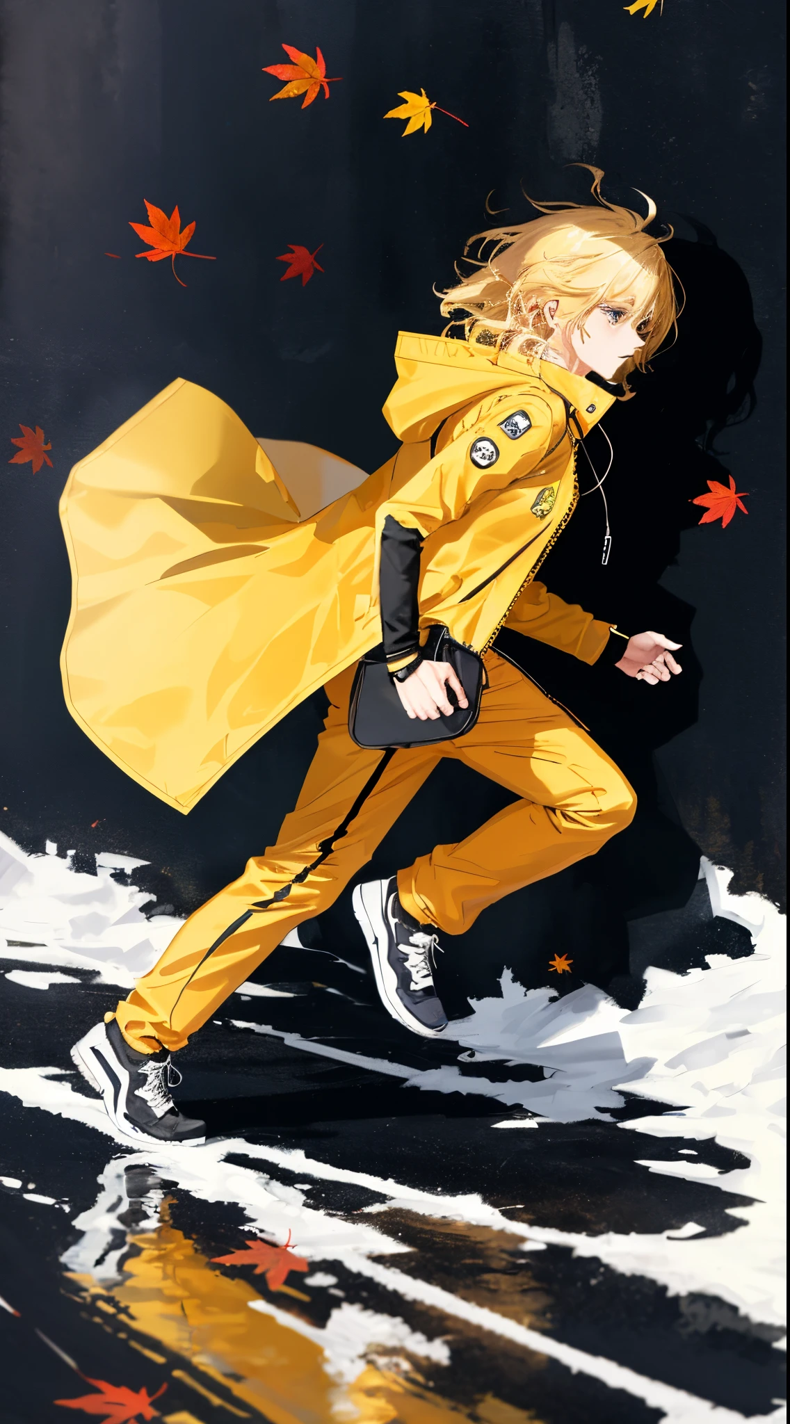 a man running left to right, male character, running pose, dynamic active running pose, running freely, blonde hair, messy hair, black joggers, unzipped yellow coat, windy, autumn, sideview, realistic, best quality, detailed, no background, no blur, view from the side, full body shot, sharp, focused, coat blowing in the breeze, realistic, detailed hands, detailed face, wet clothes, right leg in front, left leg in back, right leg first, right leg on the right side, left leg straight, right leg bent