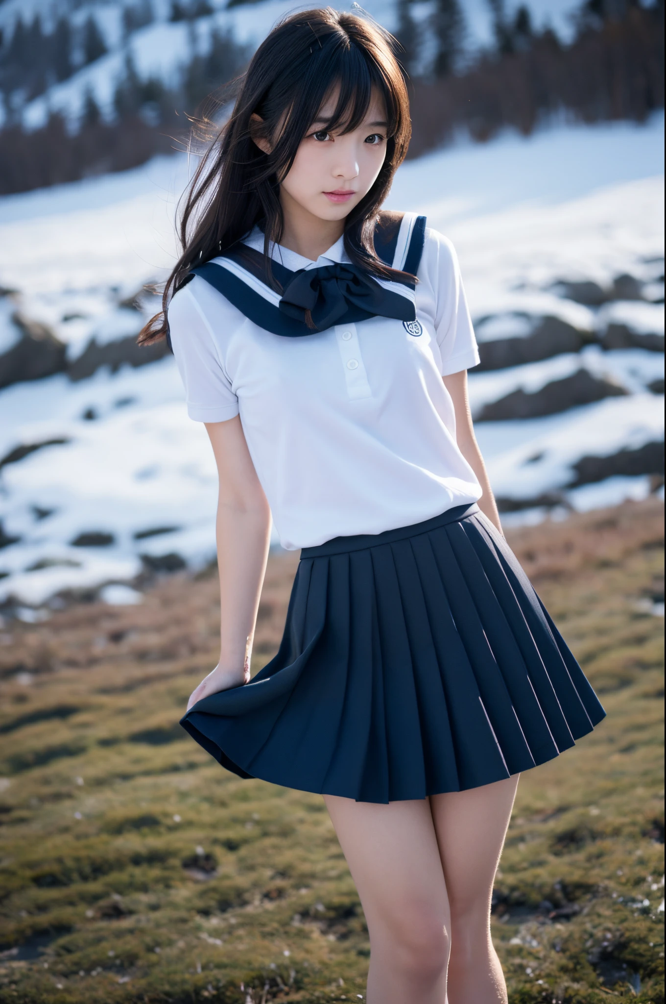 (Photo_\\(Medium\\):1.2), 1girl in, (Photorealsitic:1.2), hyper realisitic, photorealisim, a closeup, Raw feet, A dark-haired, bobhair, bangss, Black eyes, Looks cold, steampunc, a sailor suit, School uniform , hi-school girl, kawaii, goose bumps, Ultra mini skirt, Dark blue pleated skirt, snowy mountain background, Oyuki, intense cold, Full body, Injured leg, Freezing, depth of fields, 8K, VFX, nffsw, nffsw, Dark red ribbon, Very slender girl, Very short socks, Tri-fold white socks, Very short sleeves, Cute, Cute, bruised, Short sleeves even in winter, a beauty girl, idol