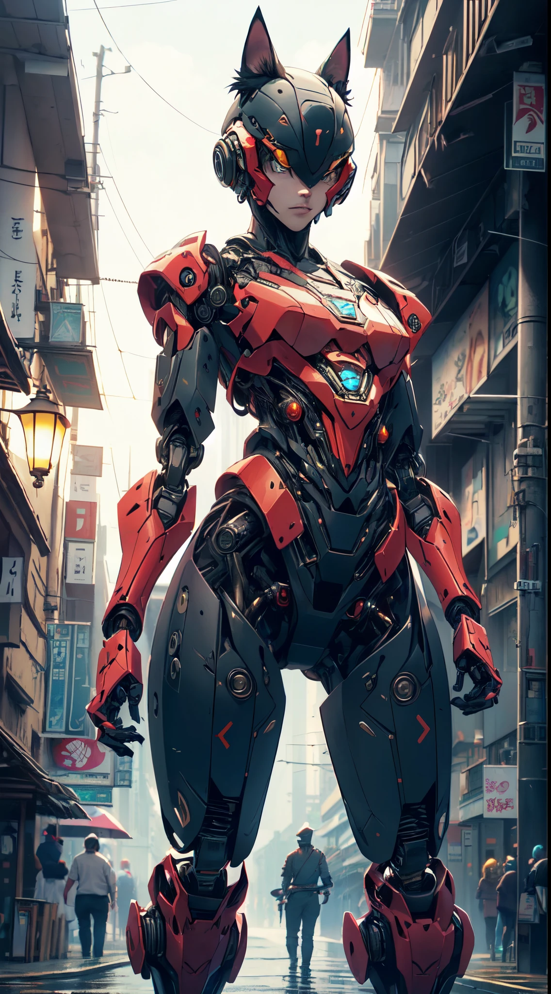 Solo ????:1.4 gatos_Guerrero_samurais,  animal_mecha (((gato_robotic_ciborgsizado_samurais:1.3)))  gato_Ciberespacio_samurais , traje de samurai roto , robotic samurai suit red color human form,samurais_ciborg_gato:1.3)) ((hiper realista hiper:1.3 componentes detallados:1.2))  ((HITECH1 visible robotic parts.3)) (biocybernetic biomecha) (biorobotic_gato) necrotic skin lesion ((ciborg_gato)) cat head fangs robotic feline cat bleeding wounds hydraulic hose connections (((anthropomorficfic)) pararse Pararse sobre dos piernas, (((Armadura Samurai Roja:1.3))) ((human size character)), , Japan, noche,(( Lightning and rain)) luna de sangre  ((al lado del templo zen)) samurais _punk ((red samurai robotic armor)bre dos piernas) Rainy Days Cyberpunk Future War Apocalypse Outside Japanese Castle VFX CGI Digital Illustration, fuentes digitales, Fondo de pantalla, 16k, realistic detailed, hyper intrincate detailed