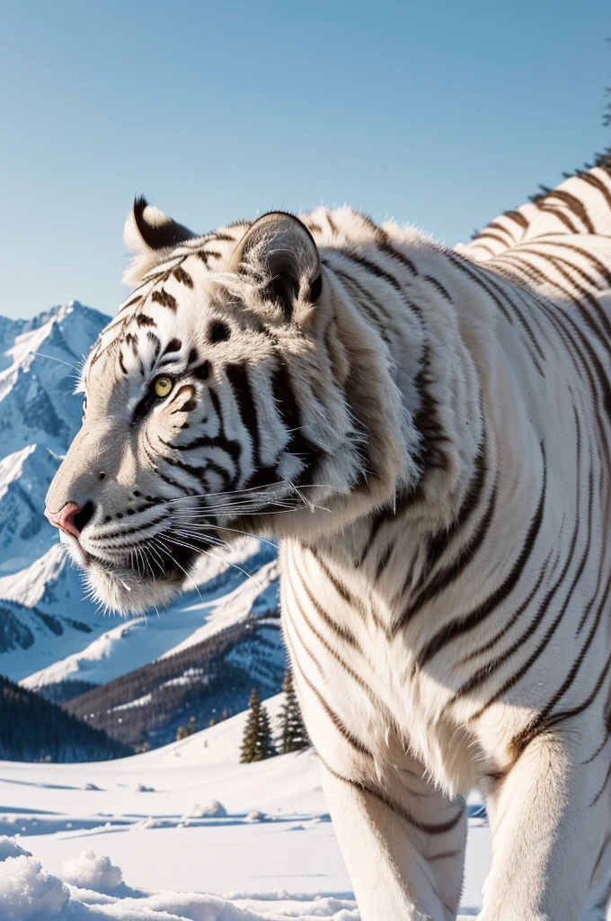 (best quality,4k,8k,highres,masterpiece:1.2,ultra-detailed,realistic,photorealistic:1.37, RAW photo, Nikon, portrait a white tiger hunting), snow mountains for background, blurry background, bokeh, macro photo, UHD, 16k, best quality, super detail, retina, one blue eye, one yellow eye, snowing