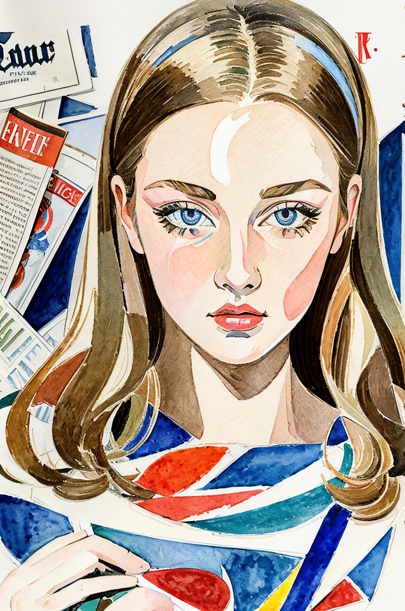 Sketched, watercolor paiting, Collage of Picasso and Robert Delaunay, cubism, Abstract, Cute daughter, big clear blue eyes, Little red cheeks, Blonde long-haired, Face-centric, Against the backdrop of newspapers and fashion magazines, Intricate Brushwork, high-level image quality, A breathtaking masterpiece