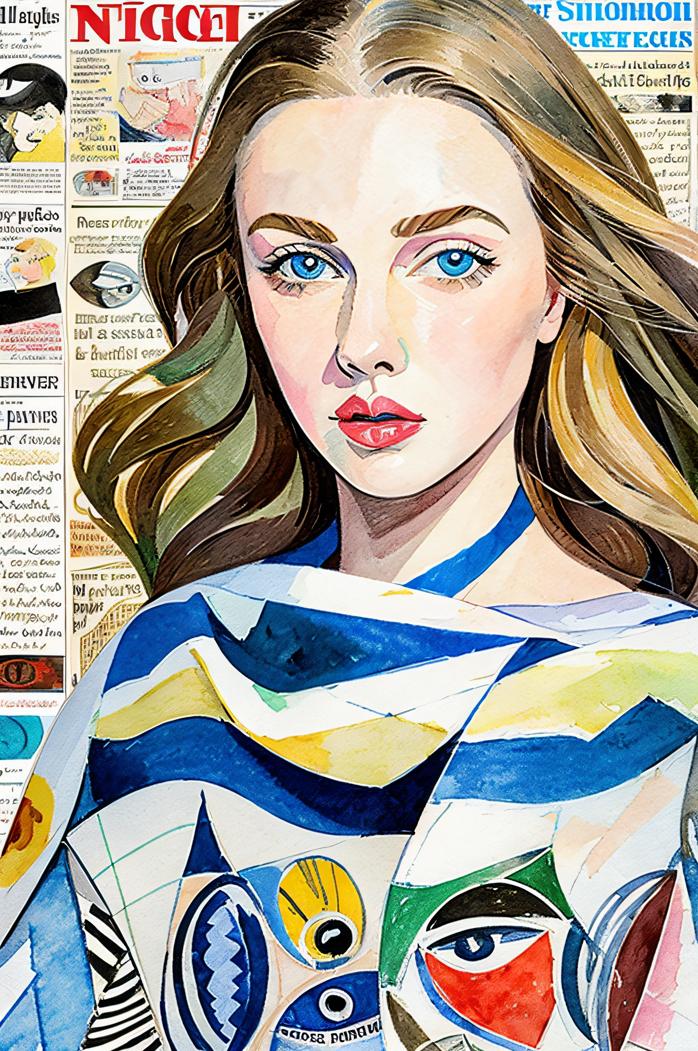 Sketched, watercolor paiting, Collage of Picasso and Robert Delaunay, cubism, Abstract, Cute daughter, big clear blue eyes, Little red cheeks, Blonde long-haired, Face-centric, Against the backdrop of newspapers and fashion magazines, Intricate Brushwork, high-level image quality, A breathtaking masterpiece