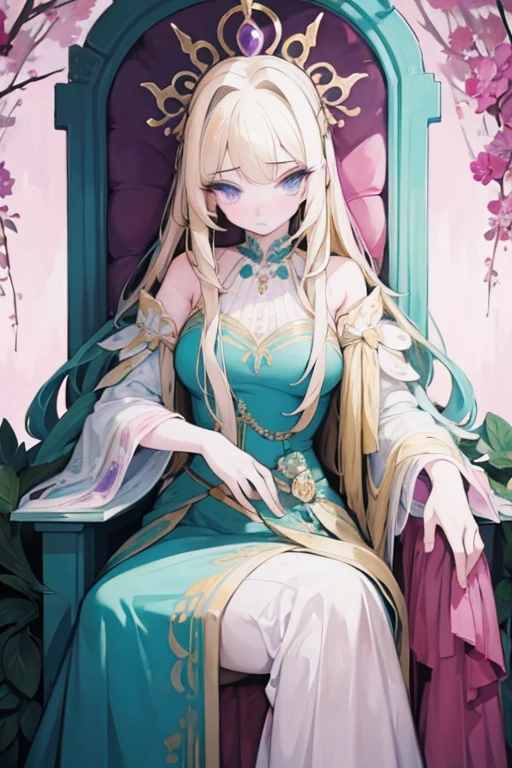 A blonde haired woman with teal eyes is sitting on a throne with a pink haired woman with violet eyes