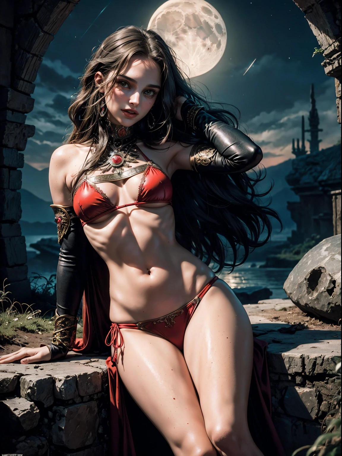 1970's dark fantasy heavy metal disc cover. teen natalie portman wearing a red tight bikini. gentle smile. (Moon night desolation). freckles. slender and beautiful. intricate detail