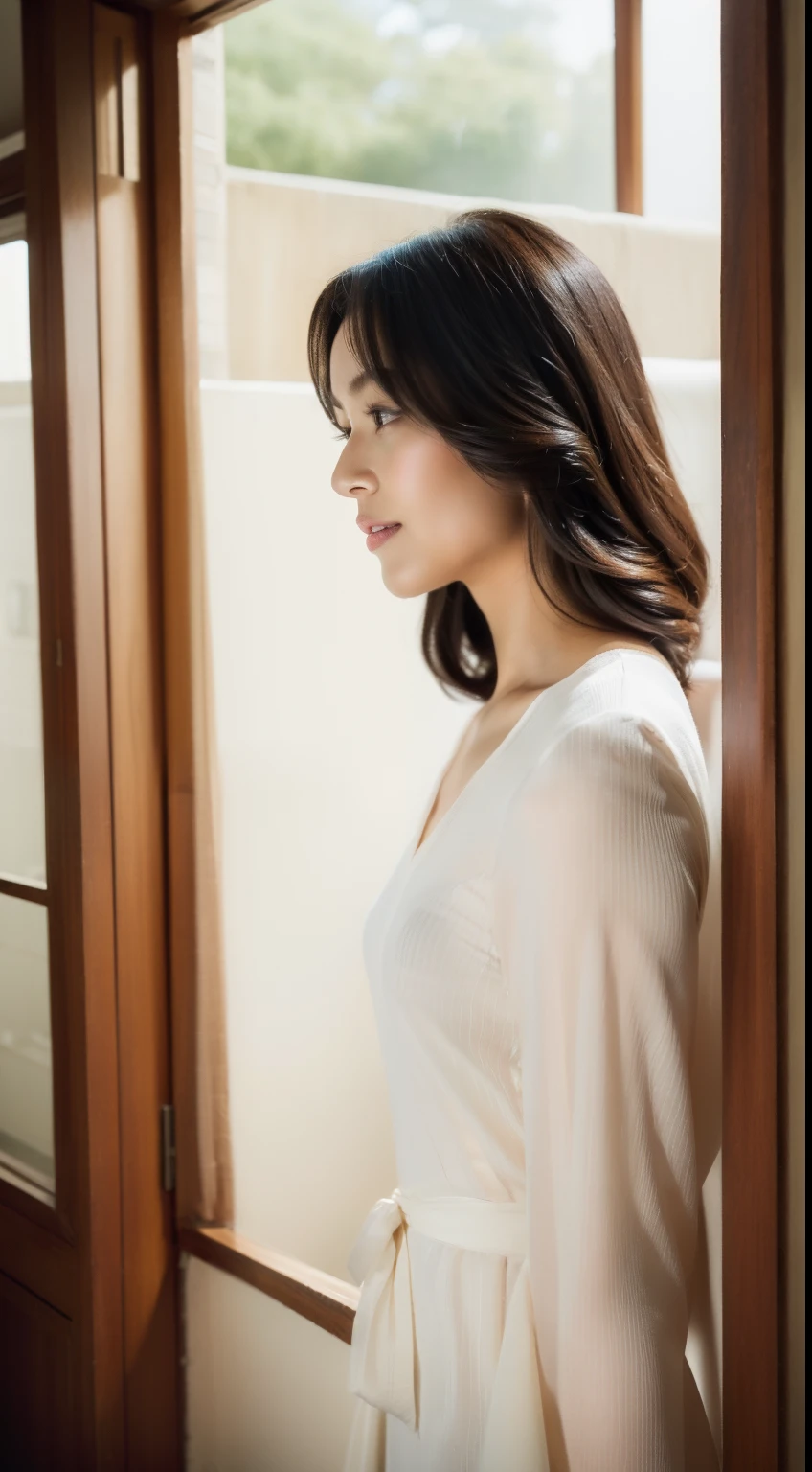 (Best quality at best:1.2, A high resolution, tmasterpiece:1.2), ultra - detailed, actual:1.37, beautidful eyes, beautiful detailed lips, Long eyelashes, Flawless skin, Smooth pores, in a panoramic view, perfect body figure, elongated silhouette, Clear stockings, Japanese elegant women in their thirties, exquisite facial features, Clean and charming face, art illustration.
