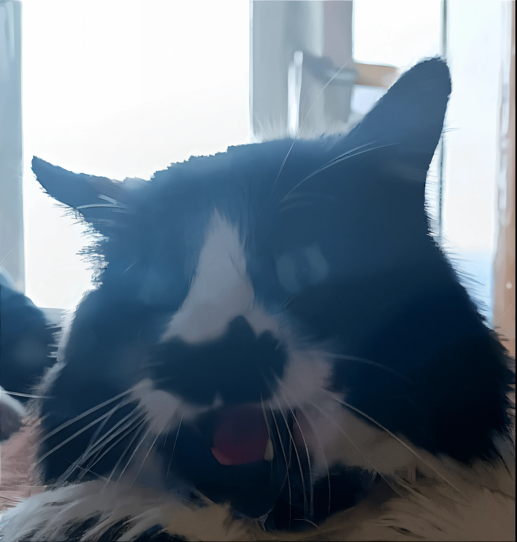 there is a black and white cat with a white face and a black and white cat with a white nose, sneering at the camera, winking at the camera, the cat is smiling, a cat is smiling, looking up at the camera, is looking at the camera, looking up at camera, screaming at the camera, looks directly at camera
