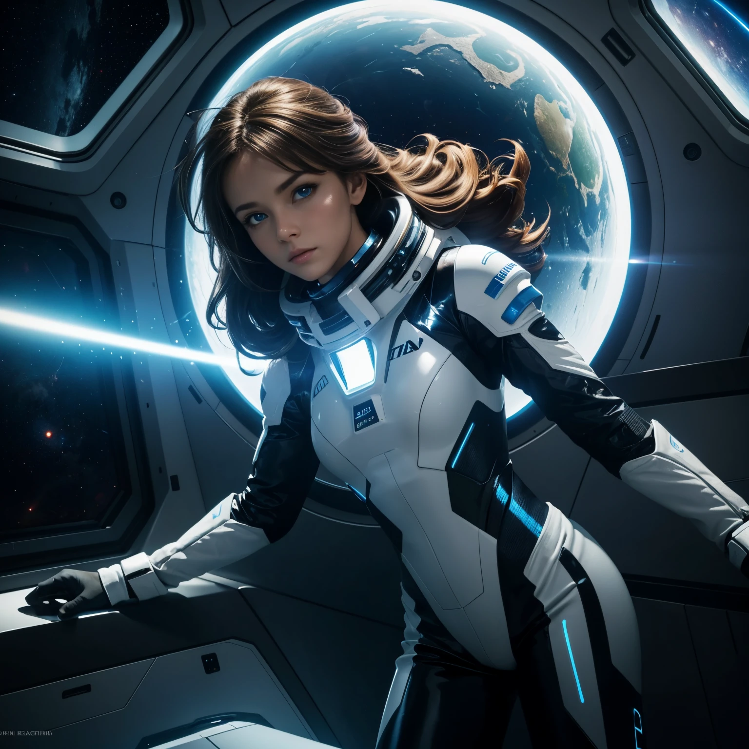 (masterpiece, best quality), beautiful female space pilot with blue eyes and brown hair is wearing a futuristic space suit in latex, metallic, white, shiny, glowing light stripes in space suit inspired by TRON, space suit top, but wearing only boxer shorts, bare legs, preparing to go to bed, HD, the girl is floating around in zero gravity in a cabin of a futuristic spaceship, no gravity, weightless, flying around, through a window in the spaceship we can see the glowing sun from a close distance, subdued light in the spaceship, lots of displayers and instruments are the main source for the light in the scene, displayers in orange and blue light, a glowing orange light from the planet outside the space ship is dominating the scene, cinematic lighting in the hair, hair light, wind in the hair,