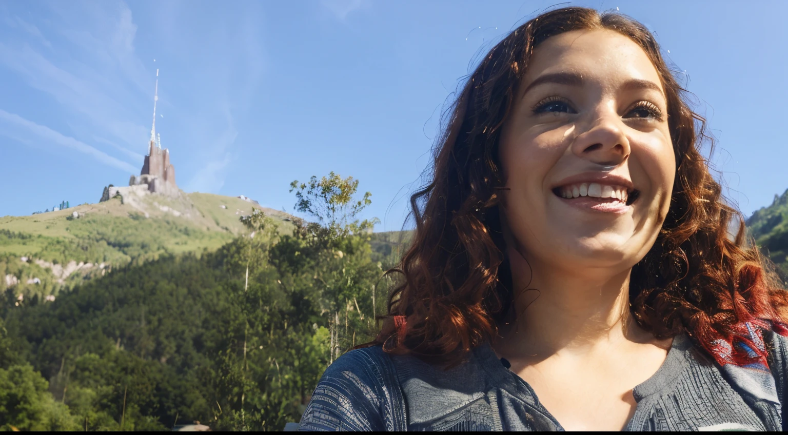 a 3d movie poster in Disney-Pixar tall brunette woman with red curly hair smiling and with a mountain in the backgroundlow