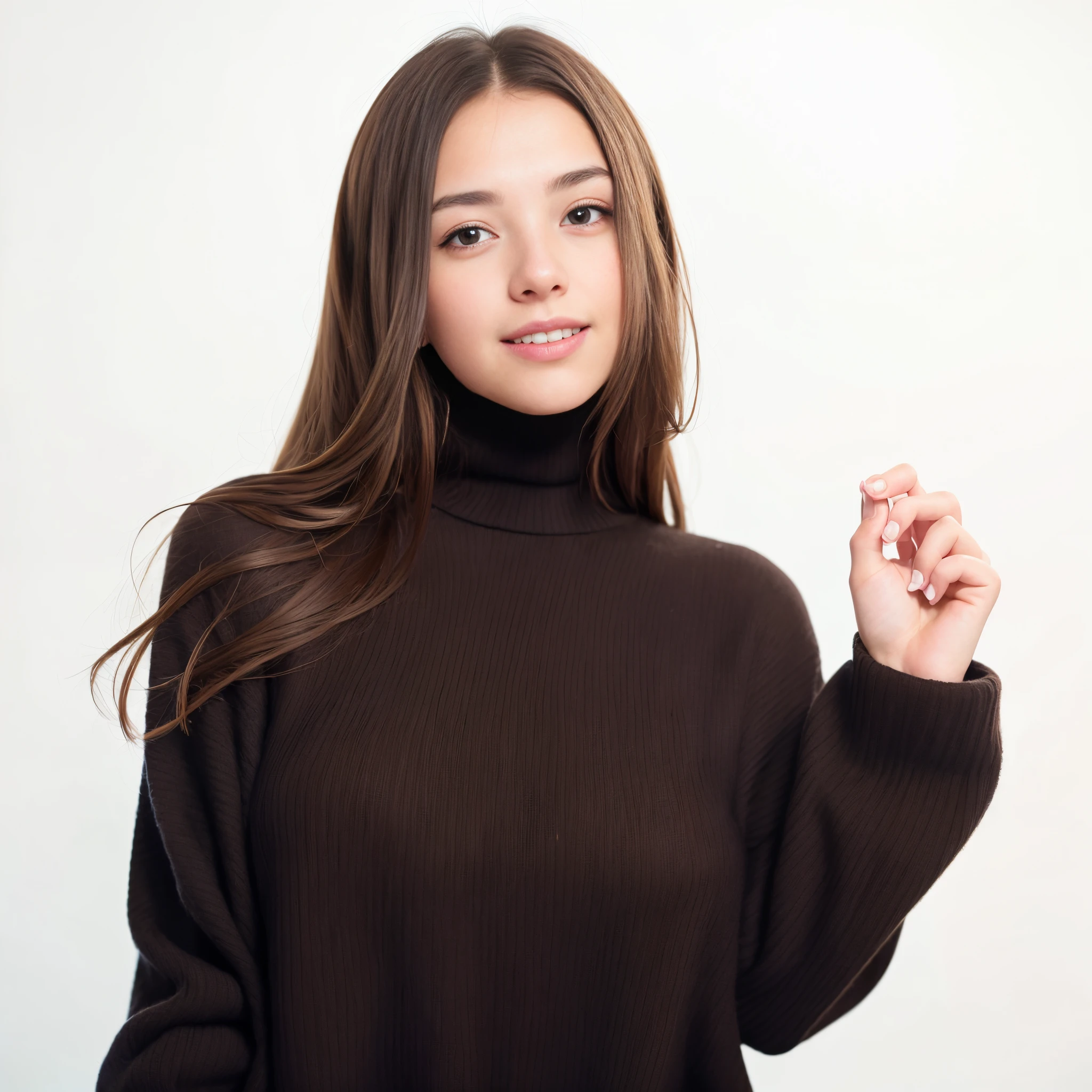 perfect portrait photo of (young brown)) , best quality, she is wearing a black sweater, soft lighting, gorgeous, brunette woman, shy smile,
highly intricate high definition wallpaper