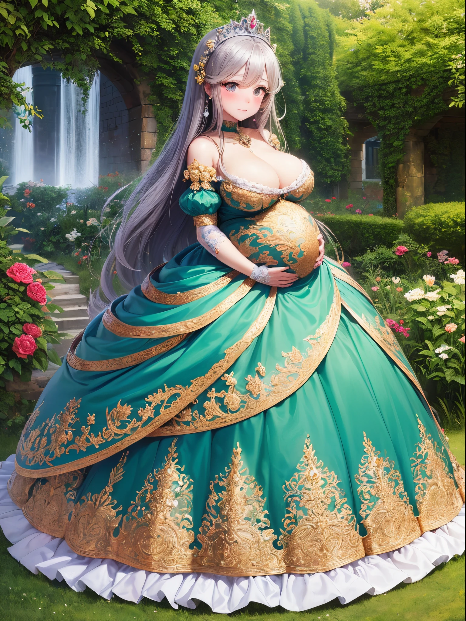 ultra-detailed, extremely detailed,((anime artstyle)),Masterpiece,(Best Quality),(Super Detail),(Very Delicate and Beautiful),((Solo)),(((full body))),full body,((detailed face and eyes)),perfect eyes, rendered eyes,jewel-like beautiful eyes,cry,((embarrassed,blush)),((1 pregnant princess in beautiful embroidery and jeweled gorgeous rococo ballgown with frilled voluminous full length hoop skirt)),(((heavily pregnant))),((Crinoline)),beautiful embroidery and jeweled gorgeous rococo ballgown with frilled voluminous full length hoop skirt,(large amount of straight hair,extremely voluminous Very Long straight Hair,Absolutely Long Straight Hair),sparkly skin,(((very gigantic boobs,skindentation))),Bursting breasts,cleavage,((fantasy castle,outdoors,outside the castle)),long_gloves,extremely gorgeousfull jeweled hair ornament,(bling-bling extremely gorgeousfull jeweled tiara),(luxurious jewelry),full body,beautiful embroidery and jeweled gorgeous rococo ballgown with frilled voluminous full length hoop skirt