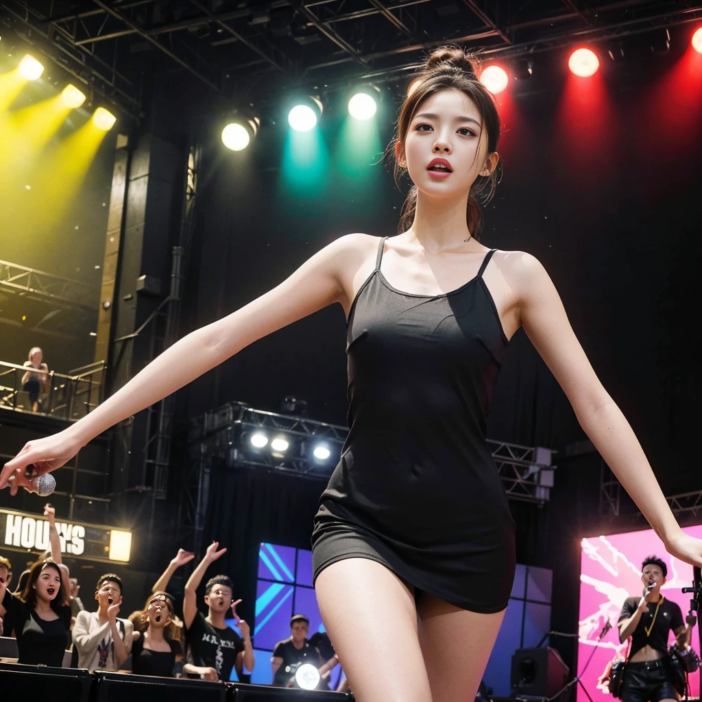 K-pop idols performing on stage, black short tight dresses, song performance, Kpop girl group, riotous atmosphere, stage above the hall, (best quality, 8k, 16k, highres, masterpiece:1.2), ultra-detailed, (realistic, photorealistic, photo-realistic:1.37), professional, (music:1.1, performance:1.1), dynamic lighting, (moving lights:1.1, spotlights:1.1), energetic performance, powerful vocals, enthusiastic audience, dazzling stage effects, high-energy atmosphere, (excitement, adrenaline:1.1), charismatic lead vocalist, flawless stage presence, passionate performance, vibrant stage background, (cheering audience:1.1, waving light sticks:1.1), electrifying atmosphere, captivating stage presence, (explosive, high-intensity:1.1), (pop music, catchy melodies:1.1), crowd interaction, (empowering lyrics, motivational messages:1.1).