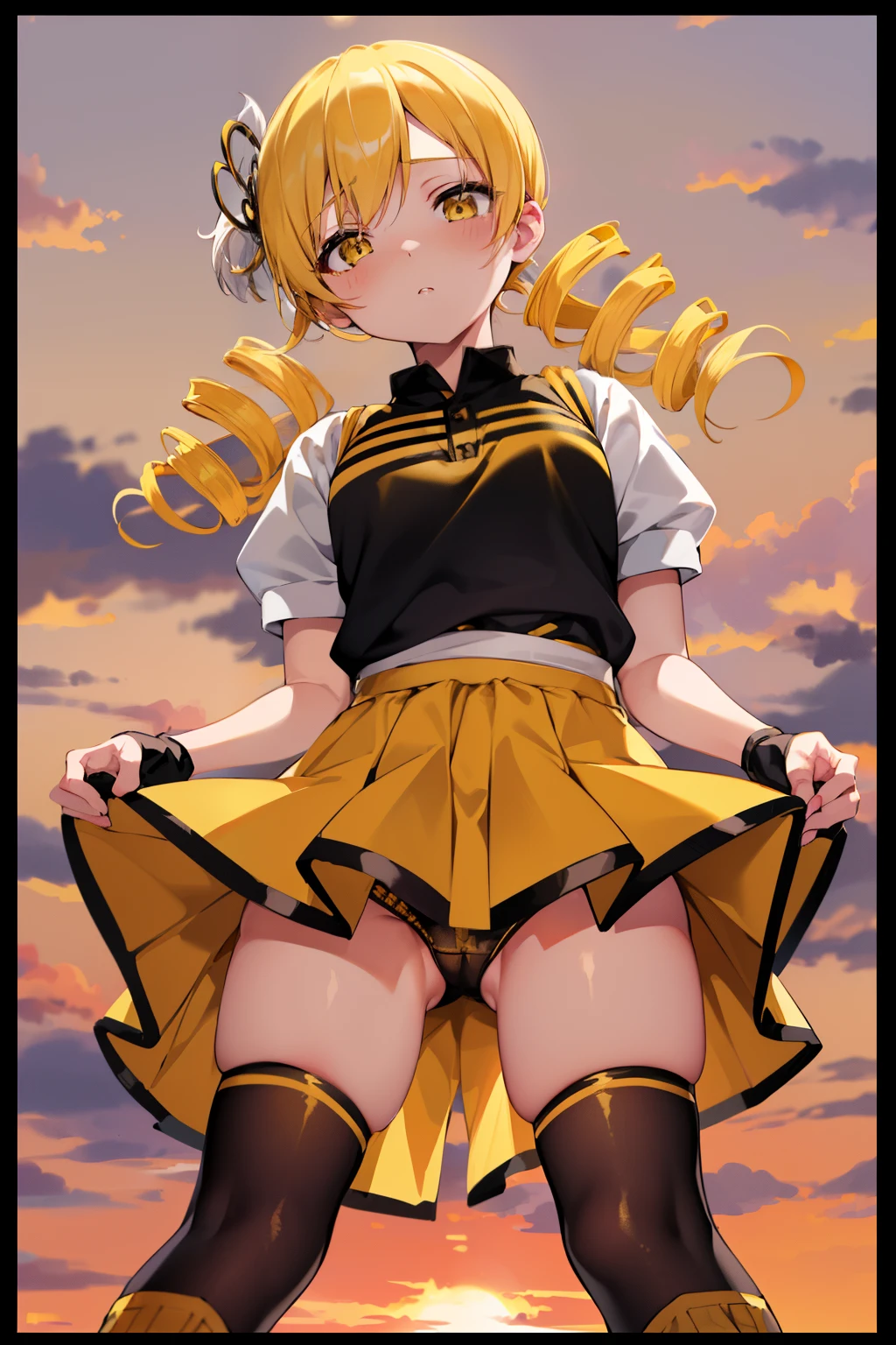 masutepiece, Best Quality, 1girl in, (Mami Tomoe), Blonde hair, Drill Hair, twin drills, (Yellow eyes:1.2), evening, Sunset,、((Photo from directly below))、((Black panties))、((Cheergirl clothes))、((Yellow Polo Shirt))、((Black miniskirt))、((thigh-high socks))、((Border socks))、((yellow and black socks))