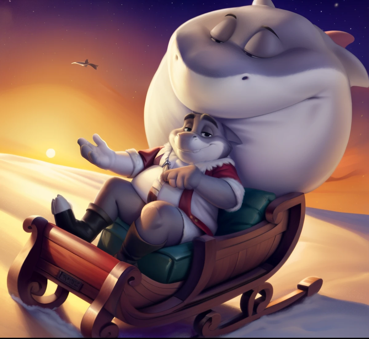 mr shark, plump, fat, belly, black eyes, (pose:1.3), (posing:1.3), (soft shading), 4k, hi res, five fingers, detailed hands, ((detailed face, (detailed eyes:1.0), detailed)), (full body), by zackarry911, by zaush, (by personalami:0.5), looking at viewer, 1boy, male focus, giant head, huge head, big head,riding a reindeer sleigh, dressed as Santa Claus
