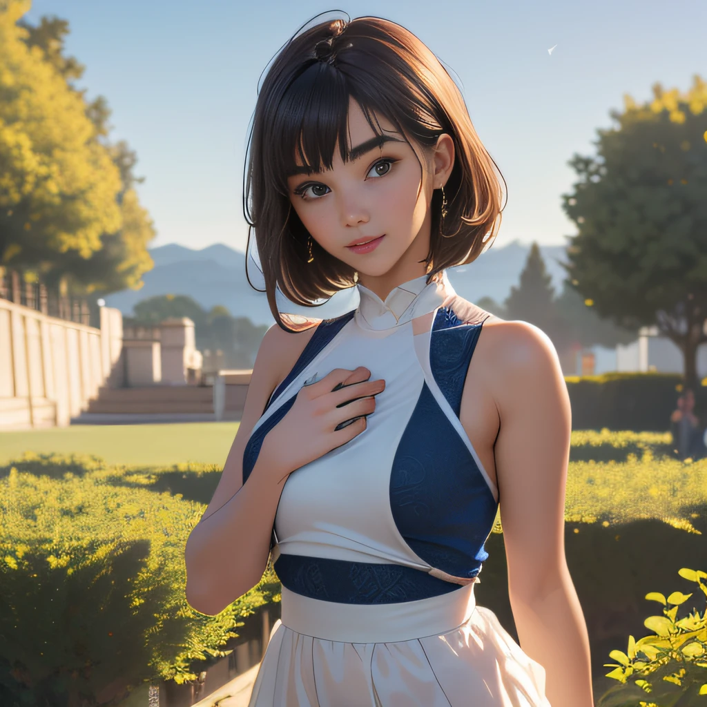 (((1 girl:1.5)))),(masterpiece, Best Quality:1.4), (From above:1.2), Cute face, Smile, Close up face, Delicate girl, Looking at Viewer, 8K, 85mm Portrait, Official art, Raw photo,, Cinch West, Upper body, cleavage, (face lights, clear lighting, Sharp Focus:0.8), (Navy pleated skirt:1.5), Simple background, Eyes and faces with detailed,(((topless:1.5))),(Generate an image of a grand European-style mansion, with ivy-covered stone walls, ornate balconies, tall arched windows, and surrounding manicured gardens with fountains and statues)