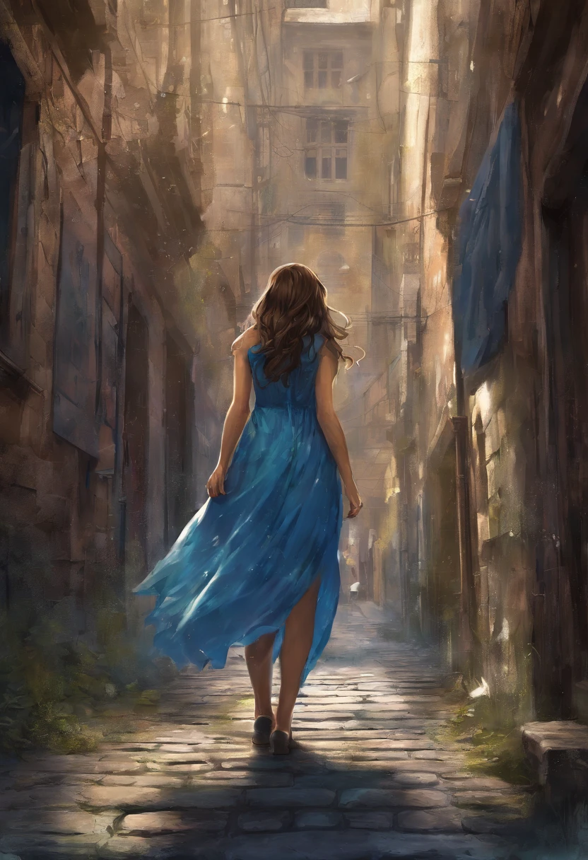 young female adult with long beautiful brown hair, she is wearing a nice blue summerdress when she finds a secret door in a small alleyway in the center of Berlin that leads into a new mystical world, where small blue lightnings radiates from her hands
