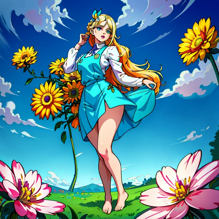 (best quality,4k,8k,highres,masterpiece:1.2),ultra-detailed,(realistic,photorealistic,photo-realistic:1.37),painting,
portrait,white-haired girl with fair skin and light blue eyes, standing in a beautiful garden. She is dressed in a blue outfit with orange sleeves and blue suspenders. The outfit perfectly complements her delicate appearance and brings out the vibrancy of her light blue eyes. Her double braids cascade down her back, adding a touch of playfulness to her overall look. 
The girl is adorned with a lovely hair ornament in hues of light blue, accentuating her lustrous white hair. Her innocent beauty radiates through her flawless complexion. Her bare feet stand gently on the soft grass, emphasizing her connection with nature. The lighting in the scene is soft, casting a warm glow on her surroundings.
The garden is filled with an abundance of colorful flowers, providing a picturesque backdrop to the girl's ethereal presence. The vibrant hues of pink, purple, and yellow create a striking contrast against the girl's serene and graceful demeanor. The flowers are meticulously painted with ultra-fine details, capturing the intricate textures and subtle nuances of each petal.
The overall color palette of the artwork is dominated by soft pastel tones, with hints of vibrant blues and oranges adding depth and dynamism to the composition. The combination of these colors evokes a sense of tranquility, innocence, and joy. The attention to detail and the realistic rendering of the scene transport the viewer into a world filled with beauty and enchantment.