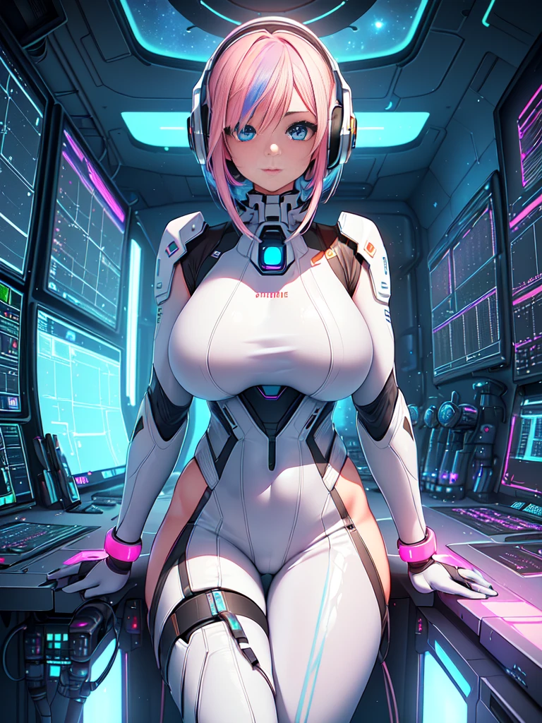 ​masterpiece:1.4, 1girl in ((20yr old, Wearing a futuristic white and silver costume, Tight Fit Bodysuit, long boots, Very gigantic-breasts, Multicolored pink hair, a short bob, Perfect model body, Blue eyes:1.2, Wearing headphones, Looking out the window of the futuristic sci-fi space station、While admiring the beautiful galaxy:1.2, SFSF control room on night background:1.1, Neon and energetic atmosphere:1.2)) ((Galaxy))