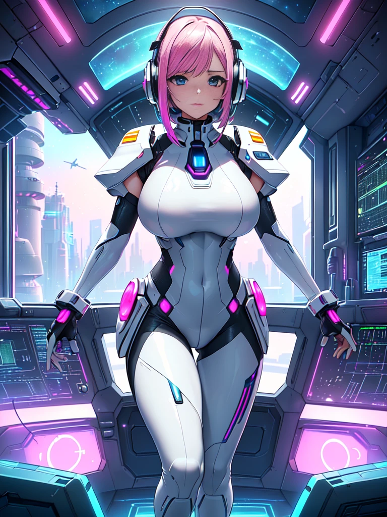 masterpiece:1.4, 1girl in ((20yr old, Wearing a futuristic white and silver costume, Tight Fit Bodysuit, long boots, Very gigantic-breasts, Multicolored pink hair, a short bob, Perfect model body, Blue eyes:1.2, Wearing headphones, Looking out the window of the futuristic sci-fi space station、While admiring the beautiful galaxy:1.2, SFSF control room on night background:1.1, Neon and energetic atmosphere:1.2)) ((Galaxy))