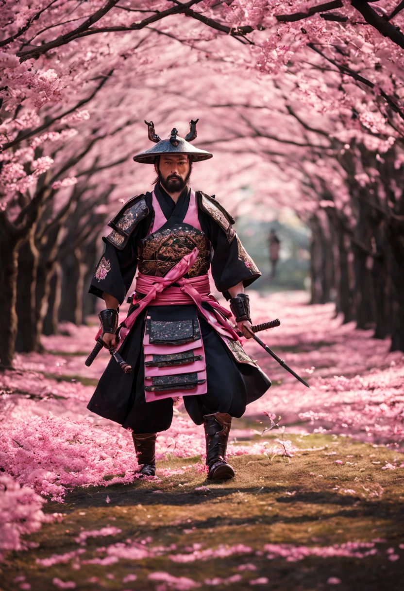 In an epic and panoramic cinematic shot, a man with a black beard and hair, possessing an athletic and muscular build, dons an imposing Japanese samurai armor as he strides through a forest of cherry blossoms on a moonlit night.
The armor gleams under the soft light filtering through the branches of the cherry blossoms. Every detail of the armor, from the ornate plates to the snugly fastened straps, stands out vividly.
The cherry blossoms, in full bloom, blanket the forest with a layer of delicate pink petals gently falling as the man progresses. The softness and beauty of the trees contrast sharply with the imposing figure of the samurai, creating a scene of striking visual contrast.
The man walks with a majestic presence, his gaze determined and serene, while the wind gently stirs the petals around him. The atmosphere is laden with an aura of mystique and tranquility, heightened by the soft illumination that casts shadows and glimmers among the trees.