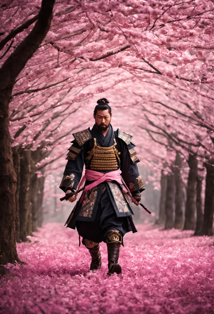 In an epic and panoramic cinematic shot, a man with a black beard and hair, possessing an athletic and muscular build, dons an imposing Japanese samurai armor as he strides through a forest of cherry blossoms on a moonlit night.
The armor gleams under the soft light filtering through the branches of the cherry blossoms. Every detail of the armor, from the ornate plates to the snugly fastened straps, stands out vividly.
The cherry blossoms, in full bloom, blanket the forest with a layer of delicate pink petals gently falling as the man progresses. The softness and beauty of the trees contrast sharply with the imposing figure of the samurai, creating a scene of striking visual contrast.
The man walks with a majestic presence, his gaze determined and serene, while the wind gently stirs the petals around him. The atmosphere is laden with an aura of mystique and tranquility, heightened by the soft illumination that casts shadows and glimmers among the trees.