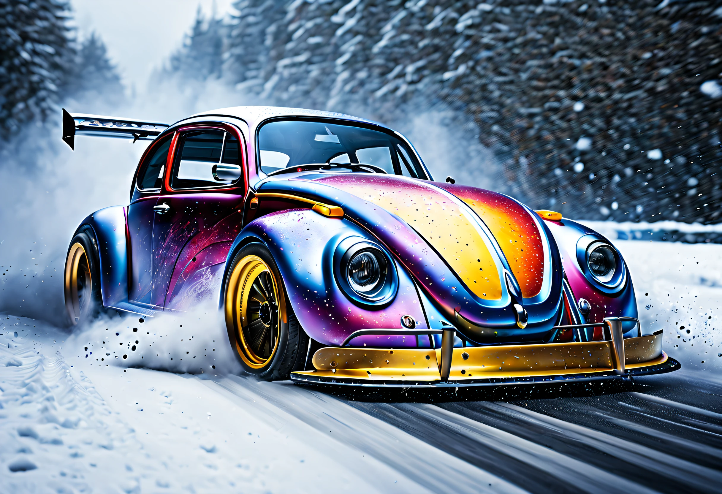 a (((hyper-realistic))), (((32k UHD masterpiece in the style of a cinematic art piece))). The focal point is a futuristic "race car muscle new beetle " shown at a dynamic angle, engulfed in snow storm theme. The level of (detail is extraordinary), capturing the intricacies of the car's rear with bold textures and vibrant, contrasting colors. Predominantly rust and old hues dominate the composition, emphasizing the blazing car as the centerpiece. The fire is depicted with a mix of grays and purples, creating a dramatic and intense atmosphere. The smoke billows in all directions, adding a surreal element to the scene. The image, with an aspect ratio of 16:9, fills the screen, immersing the viewer in the cinematic experience. This hyper-realistic artwork draws inspiration from artists like Jackson Pollock, known for his dynamic "action painting" technique, and Salvador Dali, with his dreamlike, surreal images. The overall composition explores themes of speed, action, and transformation. The addition of film grain, sharp details, and a ((raw style reminiscent of Fujifilm XT3 35mm f4)) contributes to the ((studio art)) feel, creating a visually stunning representation of a (burning racing car).