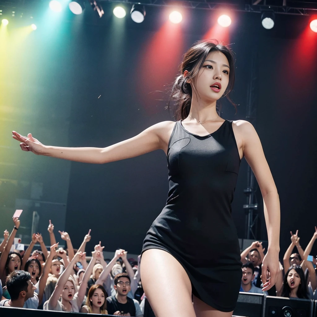 K-pop idols performing on stage, black short tight dresses, song performance, Kpop girl group, riotous atmosphere, stage above the hall, (best quality, 8k, 16k, highres, masterpiece:1.2), ultra-detailed, (realistic, photorealistic, photo-realistic:1.37), professional, (music:1.1, performance:1.1), dynamic lighting, (moving lights:1.1, spotlights:1.1), energetic performance, powerful vocals, enthusiastic audience, dazzling stage effects, high-energy atmosphere, (excitement, adrenaline:1.1), charismatic lead vocalist, flawless stage presence, passionate performance, vibrant stage background, (cheering audience:1.1, waving light sticks:1.1), electrifying atmosphere, captivating stage presence, (explosive, high-intensity:1.1), (pop music, catchy melodies:1.1), crowd interaction, (empowering lyrics, motivational messages:1.1).