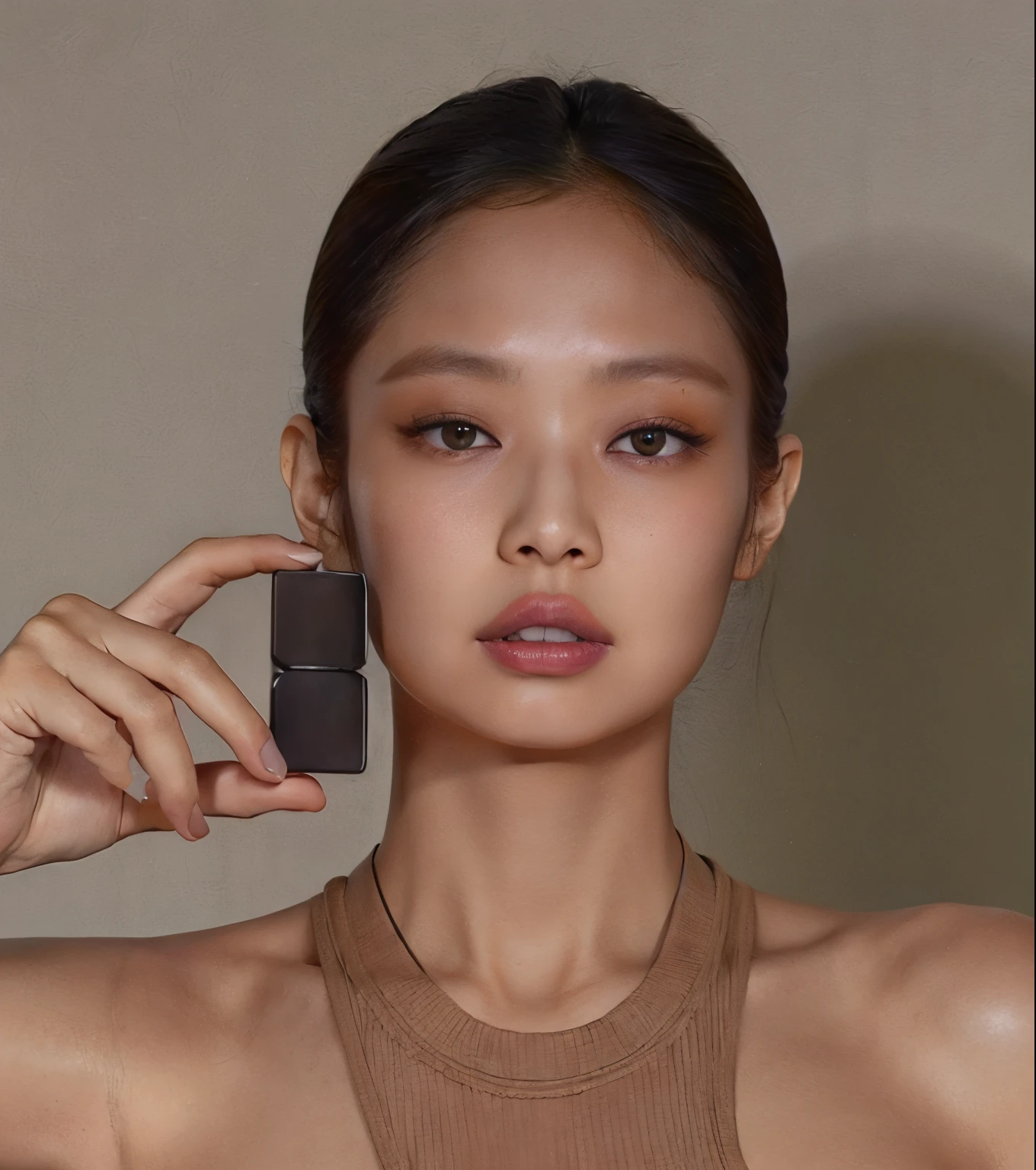 arafed woman in a tan top holding a cell phone to her ear, yanjun chengt, kim hyun joo, mingchen shen, lulu chen, seseon yoon, gongbi, blackpink jennie, shin min jeong, popular south korean makeup, taejune kim, kwak ji young, heonhwa choe, gemma chen, jung gi kim