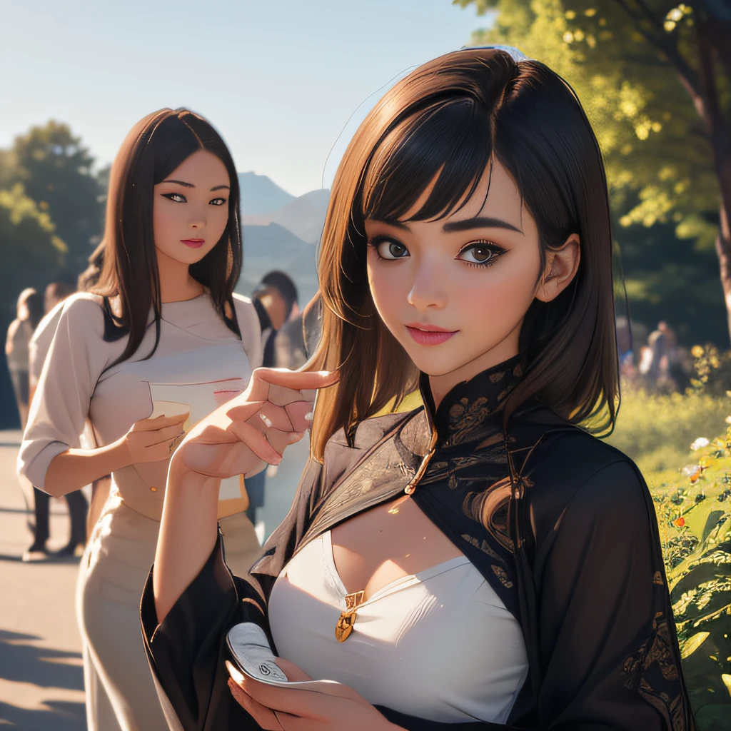 (extremely detailed 8K wallpaper:2), (photo:2), (22 years old Xuan Beautiful girl:2), (gives a lecture to friends:2), Detailed (Face & Eyes), (hyper realistic:1), (Highly detailed:1), (Epic Realistic:1), rim light, (Maximum details:1), Cosy, (body complet:1.3), (looking a viewer:2.0), (Attractive qualities of a woman:2), (attractive female:2), (Attractive:2), Smile, intelligence, sympathy, Grace, A sense of style, Fitness, Care, optimism, (sensitivity:2), frankness, Romantic gestures, playfulness, Fashion Sense, (sensuality:2), charm, modesty, Thoughtfulness, (femininity:1), flirtatiousness, warmth, (Physical Attractiveness:2), beautiful smile, Love of Life, Strength and power, Vulnerability, curiosity, wonder, Love, (Nature's prehistory:2), Kawaii, waifu, beautiful breasts, (attractive body:2), (handsome body:2), BEAUTIFUL POSE, attractive pose, (nice feet:1.0), (beautiful clothing:1), (Classic clothes:2), (elegant clothing:2), (European Clothing:2), detailed clothes, (upskirt:1), (blouse:1), (provocative pose)