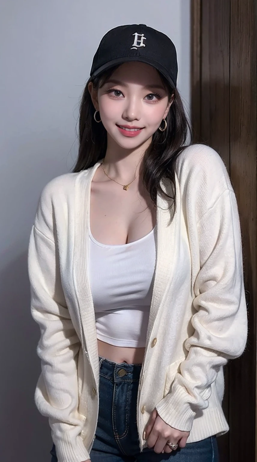 ((Masterpiece)),(Best Quality),1girl, solo, beautiful, expression smile, wear white pants, white cardigans, earrings, black baseball hat, goldenbrown hair, hair, long hair, looking at viewer , half body, detailed eyes, detailed lips, detailed skin,detailed hair, air conditioner